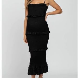 Black Satin Smocked Fitted Maternity Midi Dress-Size Med